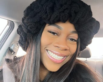 Crocheted Ruffle Hat, Satin Lined Made to Order