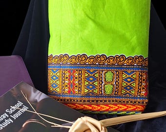 Vibrant Kente Cloth Tote Bag – Bright Green, Yellow, Red, Blue, Black – Bold African Print Fabric, 10.5"x11.2", Perfect for Study & Lunch