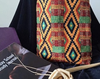 Bold Kente Cloth Tote Bag Red, Green, Gold, Black- Reversible, Lined, 10.5" x 11.2"