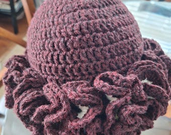 Crocheted Ruffle Hat, Lined  Ready to Ship