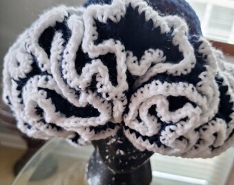Crocheted Ruffle Hat, Lined. Color: Navy / White - Ready to ship