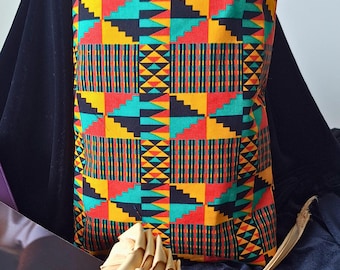Kente Cloth Tote Bag – Red, Yellow, Green & Black | African Print Fabric Bag | Bold Geometric Pattern | Handmade Gift, 10.5" x 11.2"
