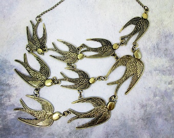 Flocking Birds Necklace, Vintage Bronze Flock of Sparrows Necklace, Large Bib Necklace, Bird Statement necklace, Bird Gift for Woman