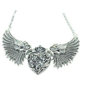 large winged heart necklace, silver color.