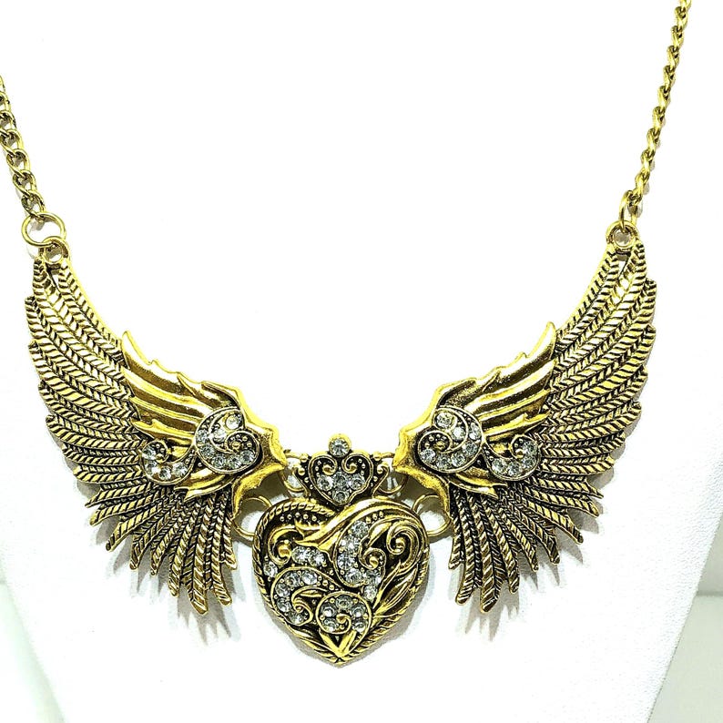 steampunk fairy wings of angel necklace, antique gold color