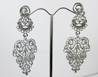 Large silver chandelier earrings, cast metal lace earrings, filigree earrings, bridal earrings, statement earrings, stud dangle earrings