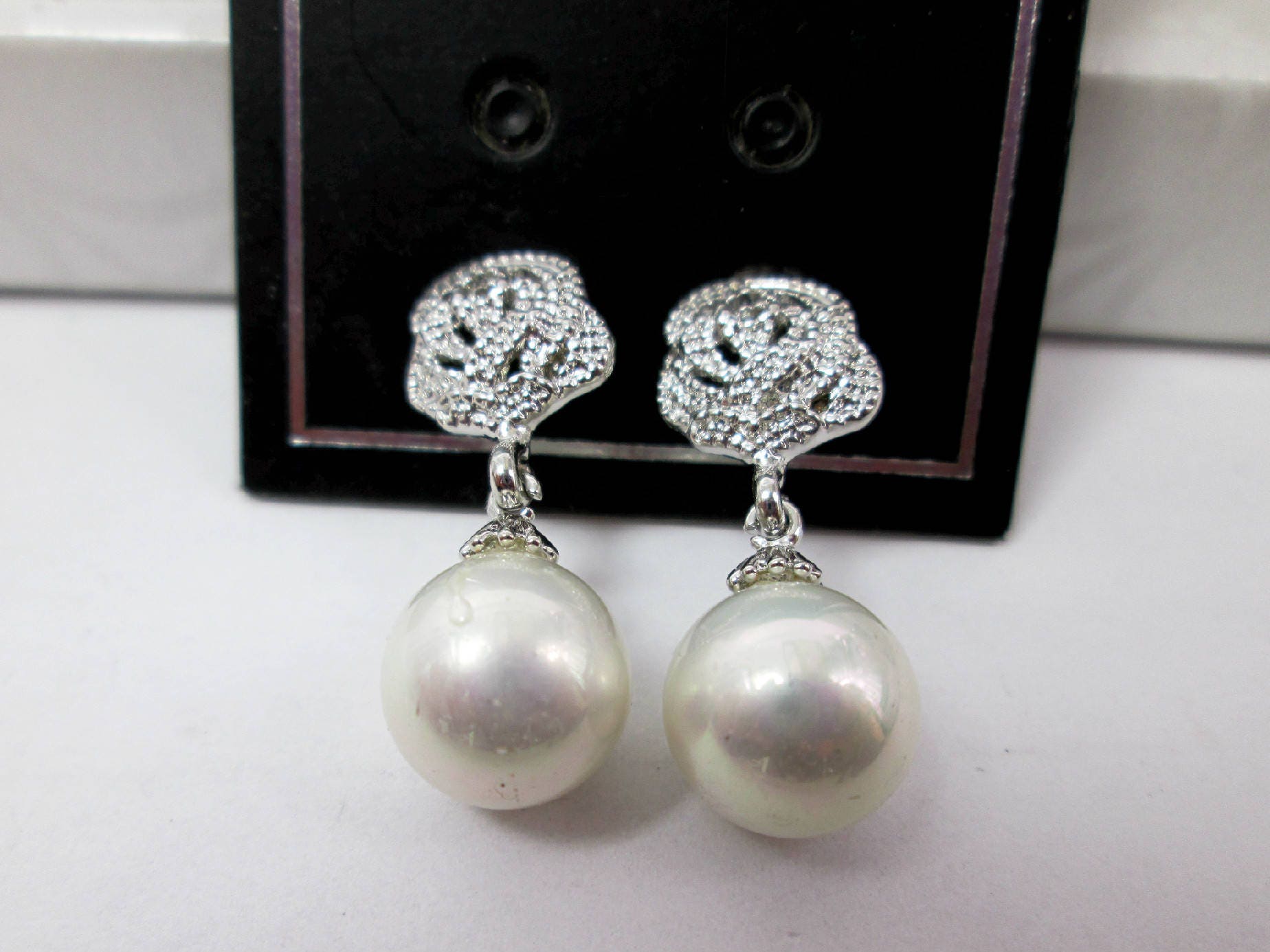 Silver Rose Pearl Earrings Rose Stud Fancy Pearl Drop Earrings Etsy