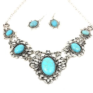 filigree turquoise necklace and earring set, antique silver color, for women.