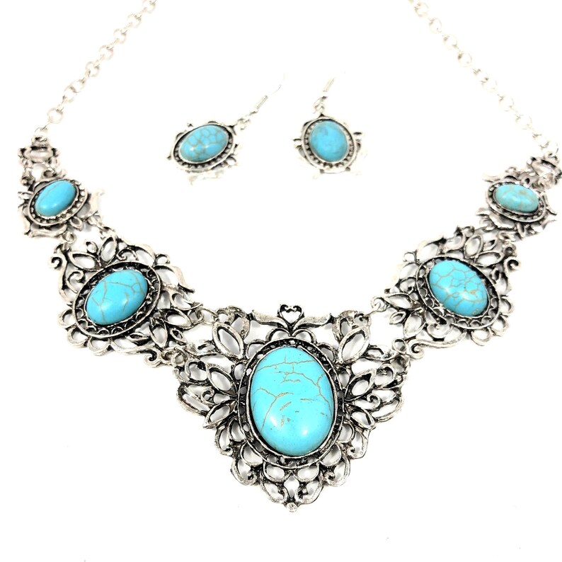 filigree turquoise necklace and earring set, antique silver color, for women.