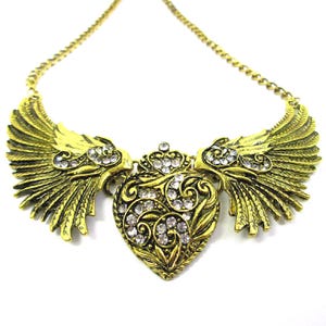 large winged heart necklace gold