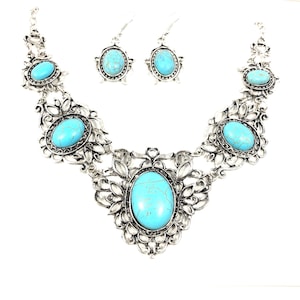 filigree turquoise necklace and earring set, antique silver color, for women. (photo of necklace set taken on a white background)