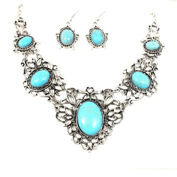 Boho Turquoise Necklace and Earrings Set, Antique Silver Color Filigree Jewelry