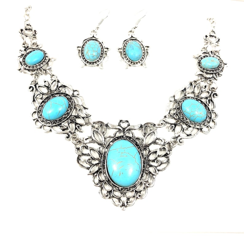filigree turquoise necklace and earring set, antique silver color, for women. (photo of necklace set taken on a white background)