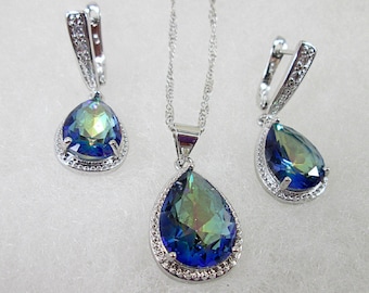 Conjunto de collar y pendientes con topacio místico arcoíris en forma de lágrima, plata 925, colgante y pendientes en forma de lágrima, conjunto de joyería nupcial para mujer.