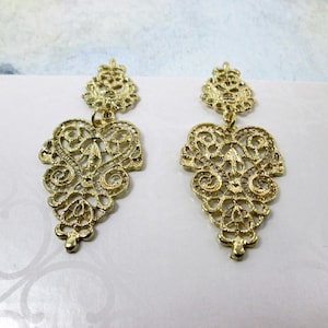 Large gold chandelier earrings, gold lace filigree earrings, art nouveau drop earrings, stud dangle earrings, bridal statement earrings.