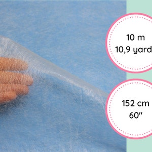 May include: A light blue, sheer fabric with a hand holding a corner of the fabric. The fabric is 10 meters long, or 10.9 yards, and 60 inches wide, or 152 centimeters.