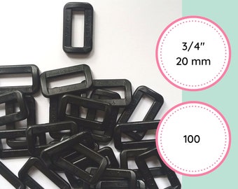 100 Boucles YKK LT20K | 3/4" 20 mm | Passant pour sangle | Boucle de ceinture | Anneau rectangulaire | Plastique noir | Fourniture pour sac