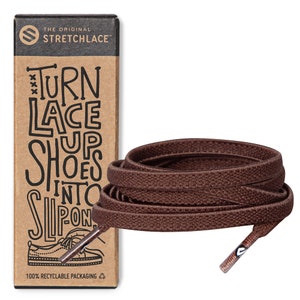 May include: Brown stretch laces with a matching cardboard box. The box reads "THE ORIGINAL STRETCHLACE" and "TURN LACE UP SHOES INTO SLIP-ON". The laces are rolled up and ready to be used.