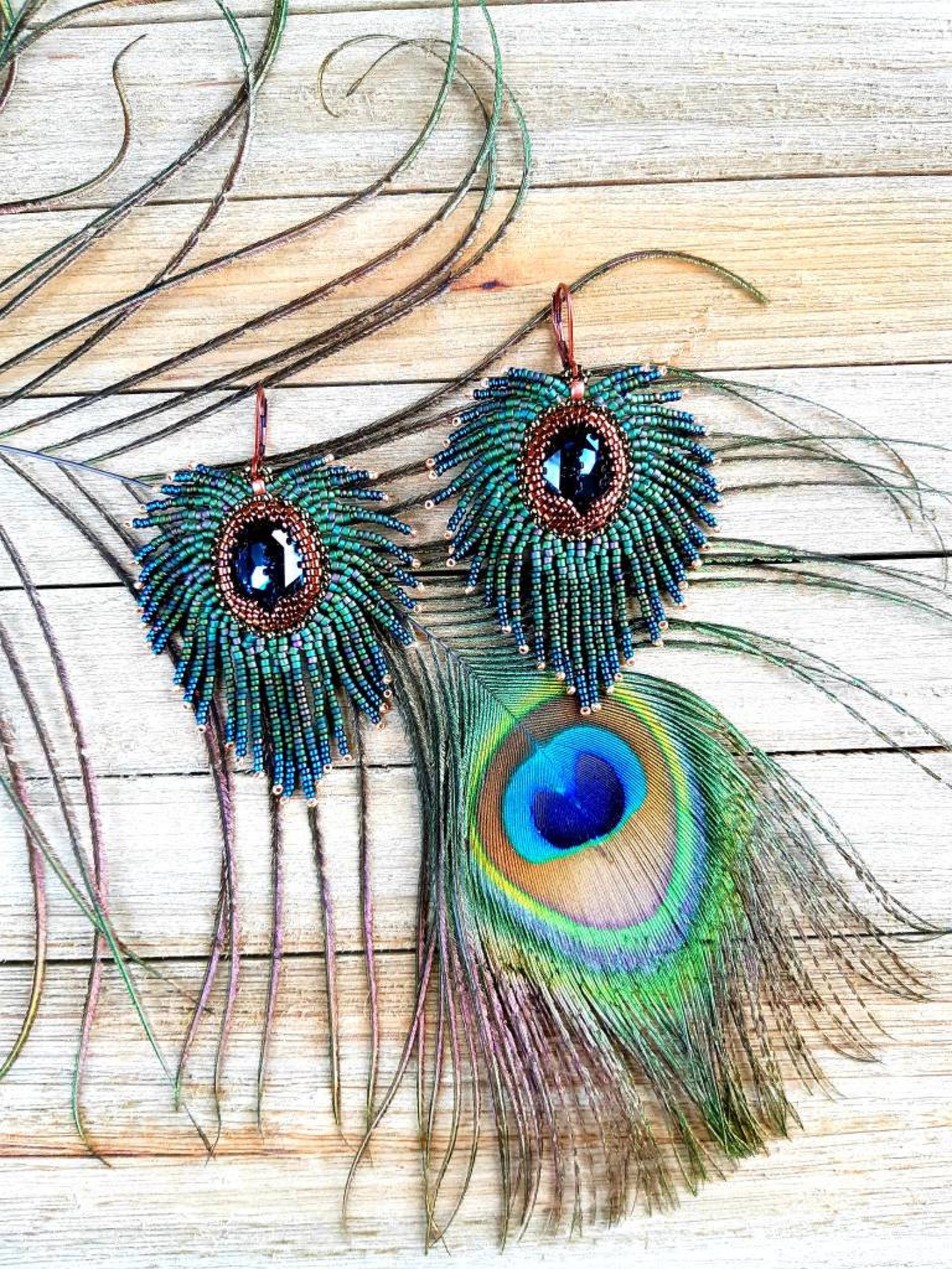 Earrings Peacock Feather Earrings Beaded Earrings Feather Etsy