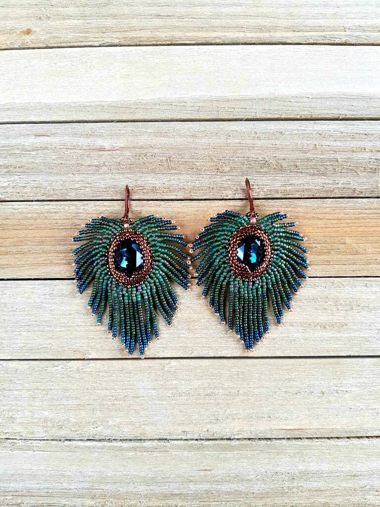 Earrings Peacock Feather Earrings Beaded Earrings Feather | Etsy