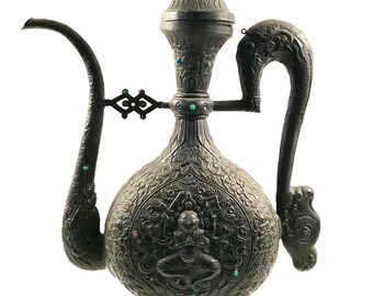 Zen Buddist Large Metal Teapot with Inset Stones Lotus Blossoms Dragons