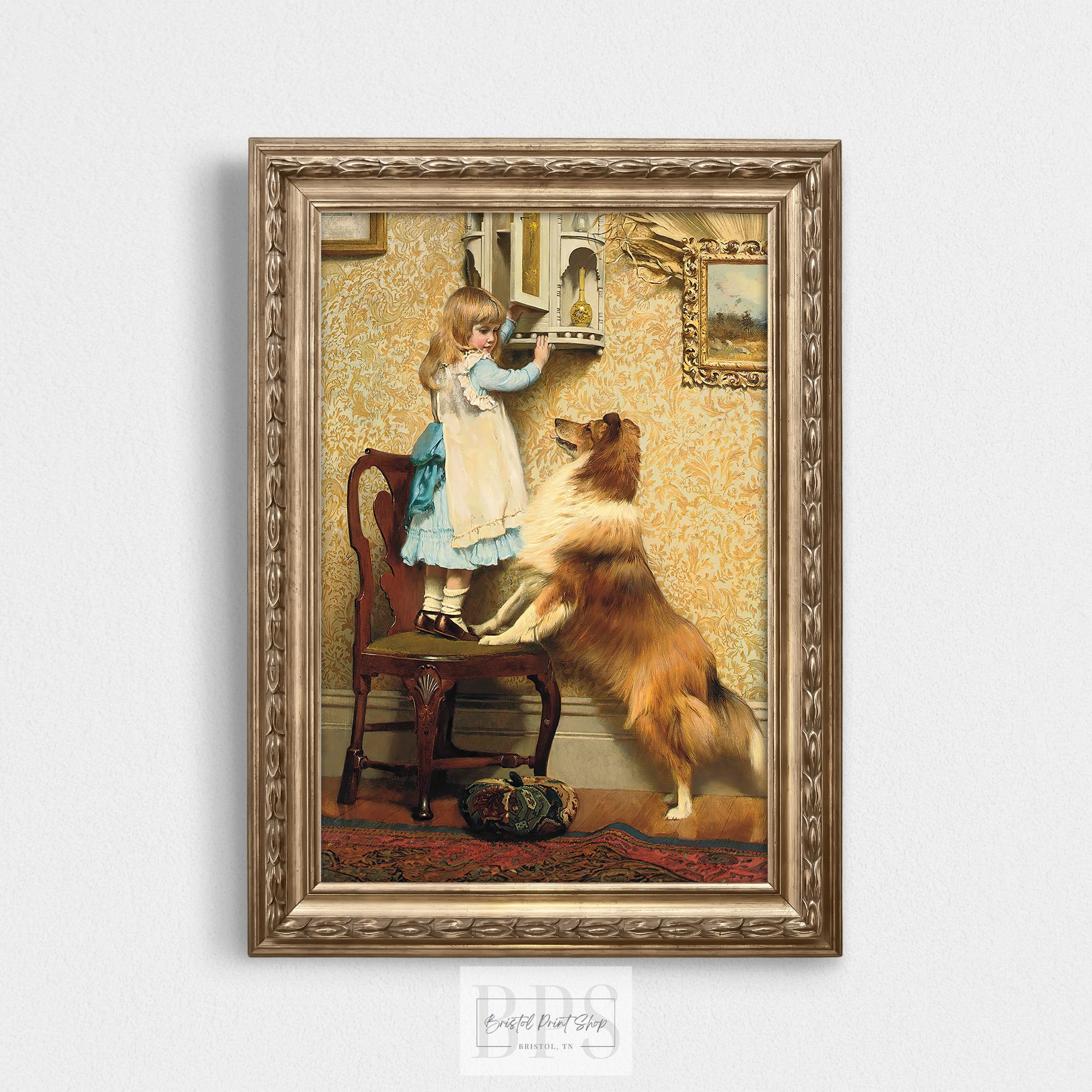 Vintage Girl and Dog Art | Blonde Girl and Collie | Home Wall Art