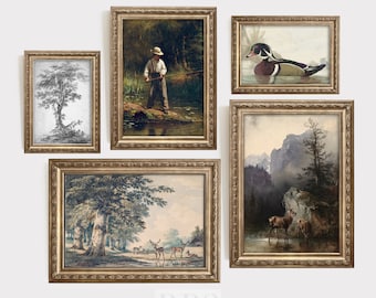 Vintage Nursery Art Gallery Wall | Woodland Home Decor Set | Boy's Room Prints | Boy Fishing | Mountain Deer | Beech Tree Art | Rustic Art