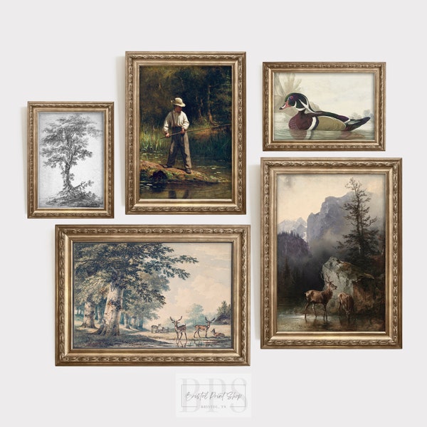 Vintage Nursery Art Gallery Wall | Woodland Home Decor Set | Boy's Room Prints | Boy Fishing | Mountain Deer | Beech Tree Art | Rustic Art