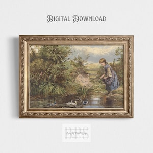 Vintage Girl Feeding Ducks Watercolor | Digital Download Artwork | Peaceful Nursery Wall Art | Ideal for Children&#39;s Room Gift