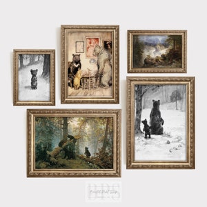 Vintage Nursery Gallery Wall | Set Of 5 | Boy's Or Girls Room | Woodland Bear Prints | Antique Painting | 19th Century Art | The Three Bears