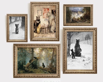 Vintage Nursery Gallery Wall | Set Of 5 | Boy&#39;s Or Girls Room | Woodland Bear Prints | Antique Painting | 19th Century Art | The Three Bears