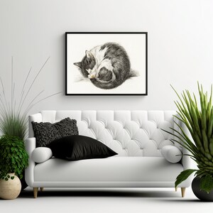 Vintage Cat Art | Black and White Cat Sleeping Drawing | Home Interior ...