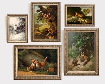 Vintage Fox Gallery Wall | Set Of 5 | Boy&#39;s Or Girls Room | Woodland Animal Prints | Antique Painting | 19th Century Art | Nursery Wall Art