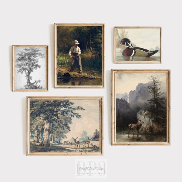 Vintage Nursery Art Gallery Wall | Woodland Home Decor Set | Boy's Room Prints | Boy Fishing | Mountain Deer | Beech Tree Art | Rustic Art