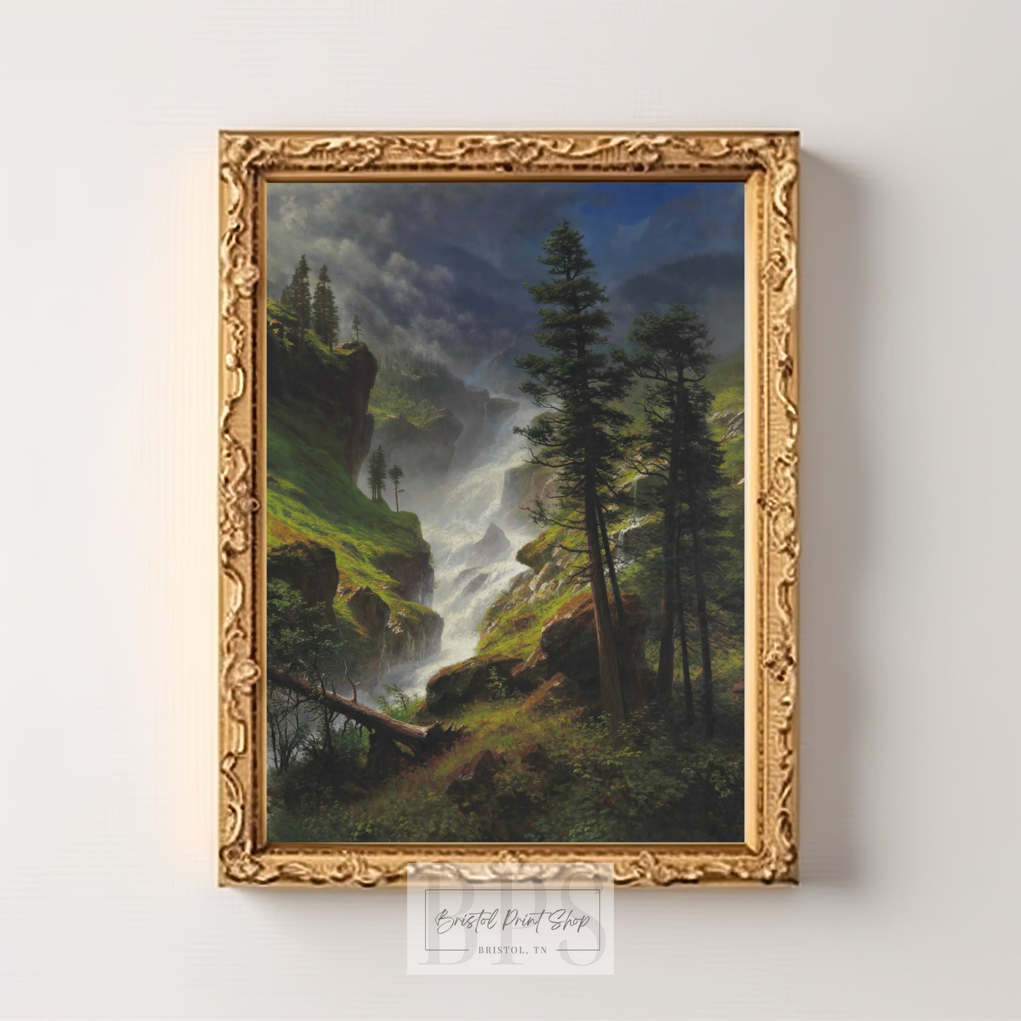 Vintage Mountain Waterfall Art | 1898 Rocky Mountains Waterfall