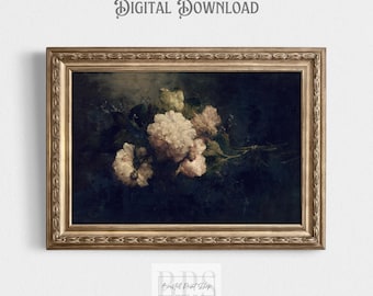 Vintage pioenroos | Prachtige roze pioenrozen | Humeurig stilleven | Donkere cottagecore | Bloemen woondecoratie | Digitale download