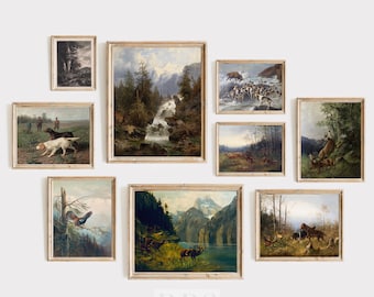 Parede da galeria de caça vintage | Conjunto de 9 | Arte de caçador de veados | Arte da caverna do homem | Impressão do cão de caça | Caçador de pássaros | Caça ao Veado | Arte em cabana rústica