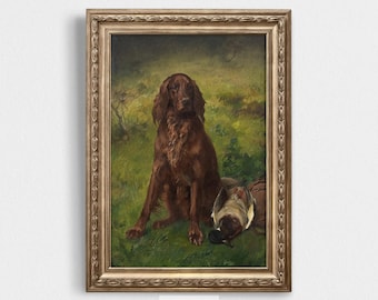 May include: A vintage oil painting of a brown dog sitting in a grassy field with a dead duck at its feet. The dog is looking directly at the viewer. The painting is framed in a gold frame.