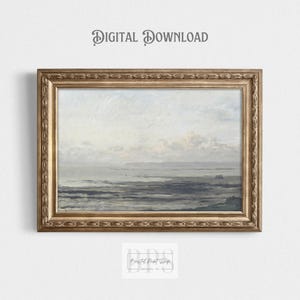 May include: A digital download of a painting depicting a seascape with a cloudy sky and a calm ocean. The painting is framed in a gold-colored frame.