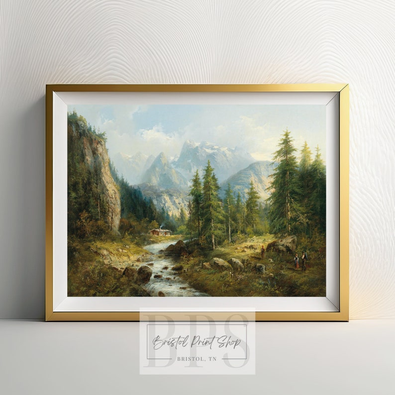 Pu&ograve; includere: Dipinto di paesaggio incorniciato con una cornice dorata. L'opera raffigura una scena di montagna con un fiume, alberi e una piccola baita. Il cielo &egrave; blu con nuvole. Il dipinto &egrave; esposto su un muro bianco.