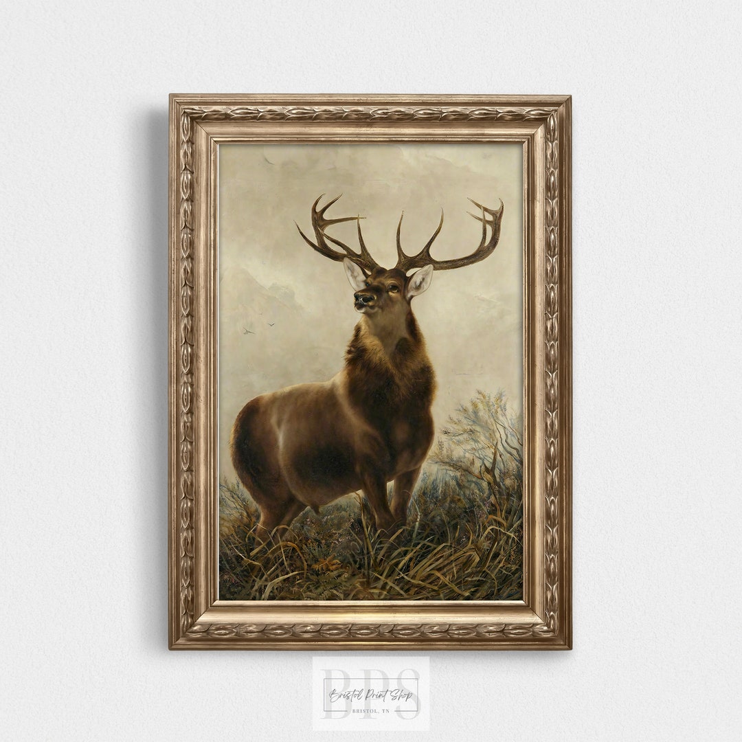 Vintage Deer Print Art Downloadable Stag Wildlife Painting Mountain and ...