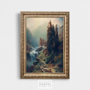 Vintage Mountain River Art | Misty Pine Forest with River Scene | Digital Wall Art for Outdoor Enthusiast Gift