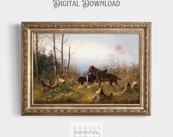 May include: A vintage painting of three dogs in a forest setting. The dogs are brown and black and are running through the woods. The painting is framed in a gold frame.