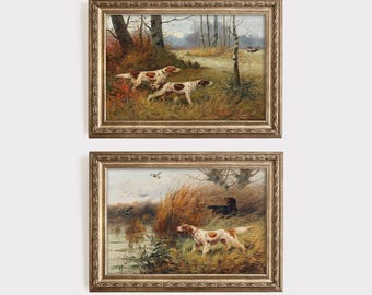 Arte de perro de caza vintage / Caza de patos / Setter / Arte de pared de puntero antiguo / Pintura del siglo XIX / Decoración de vivero rústico / Descarga digital
