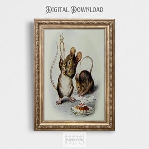 May include: A vintage illustration of two mice, one holding a key and the other looking at a plate of food. The illustration is framed in a gold frame.