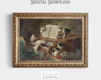 May include: A vintage painting of a group of black and white cats playing music on a grand piano. The cats are dressed in formal attire and are playing various instruments. The painting is set in a room with a fireplace and a window.
