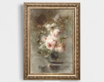Vintage roos kunst aan de muur | Pastelkleurige bloemenprint | Antieke roze roos boeket schilderij | Kinderkamer kunst aan de muur | Shabby chique kunst | Botanisch stilleven