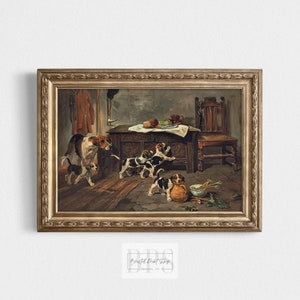 Impresión de arte de perro de caza vintage / Descarga digital / Pintura de cachorros traviesos / Arte de pared rústico / Regalo del amante del perro