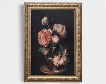 Vintage Pfingstrose Kunst | Rosa Pfingstrosen Stillleben Gemälde | Dunkler Cottagecore | Druck | Digitaler Download | Ideal für Blumige Geschenke