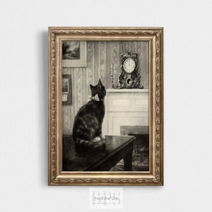 Vintage Cat Print Art | Digital Download | Cute Bow-Tied Cat Looking at Time | Charming Gift for Home Décor